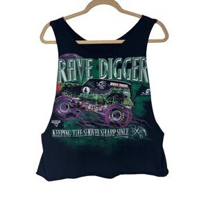 Womens S Grave Digger Monster Jam Truck Tank Top Black Sleeveless Cropped Cutoff